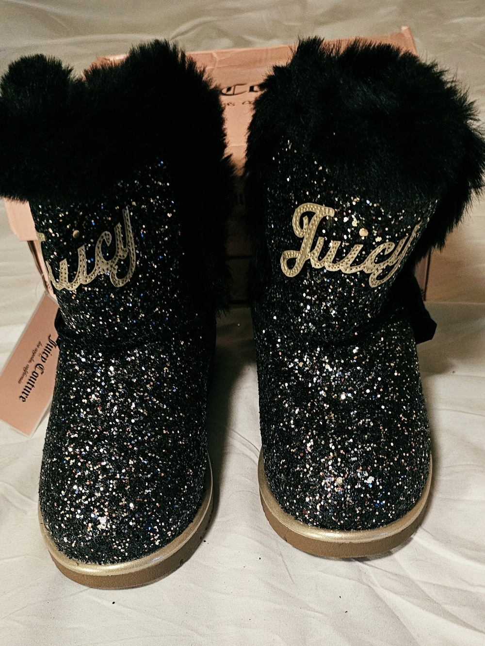 Juicy Couture Black Glitter Fur Booties